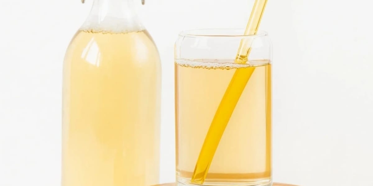 Glass of kombucha with bottle on white background, fermented probiotic tea